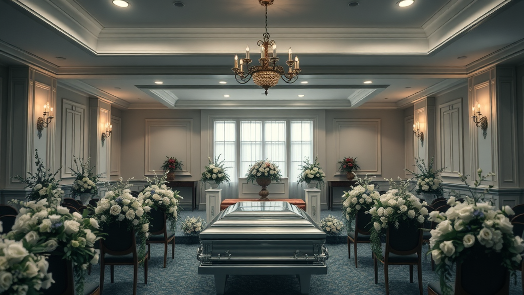 Tasteful funeral service setup showing casket and flower arrangements, burial insurance benefits in action