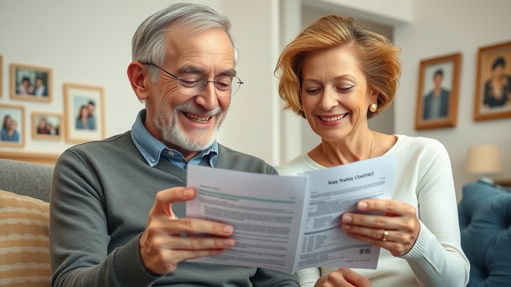 final expense insurance elderly couple reviewing insurance documents in a comfortable living room with family photos