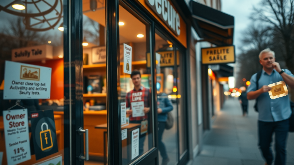 secure retail storefront, owners activating security and closing shop for the night, business owner insurance