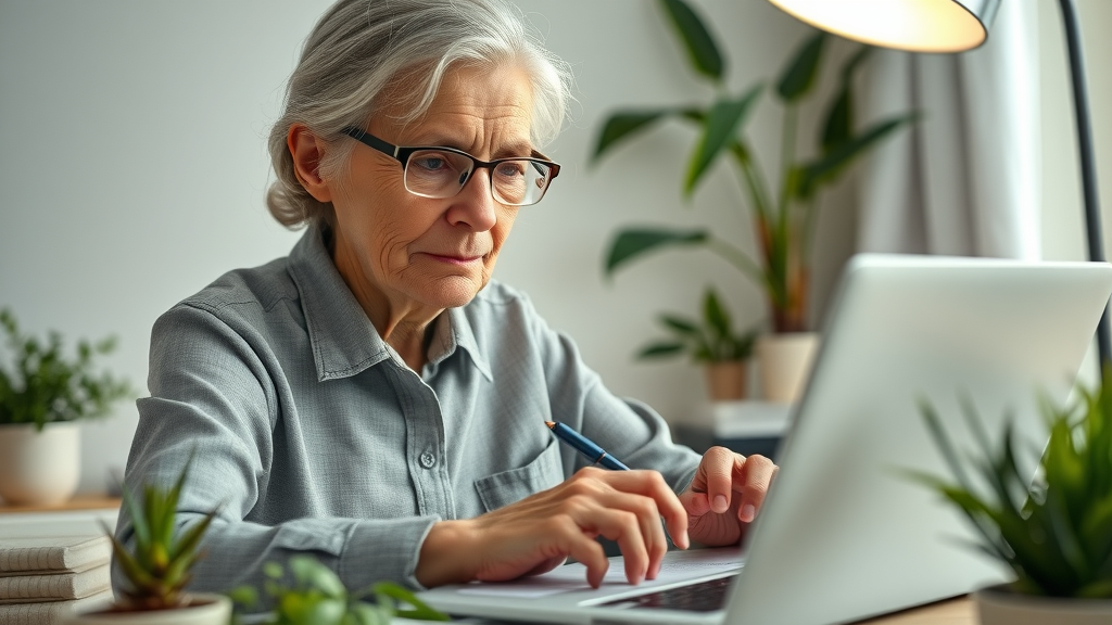 insurance for seniors - elderly woman examining premium insurance rates on a laptop