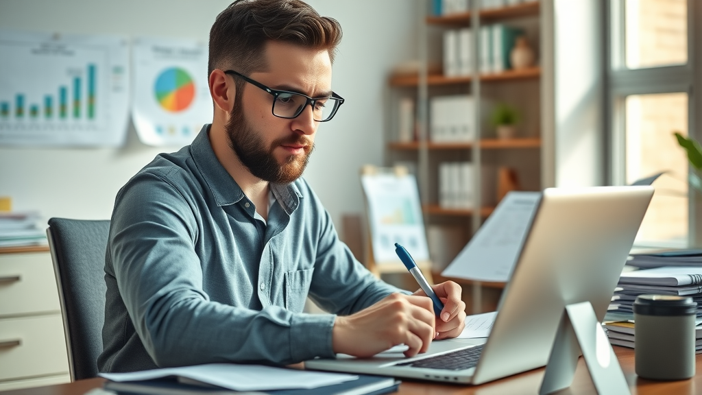 Confident small business owner planning finances, focused, writing notes at desk with laptop, financial planning for small businesses, neat organized office space, financial charts, natural daylight