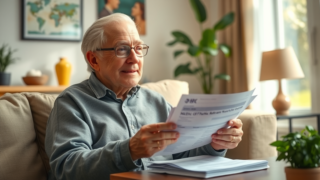 expense life insurance medical bills - relaxed elder reviewing paid-off medical bills in a sun-filled living room