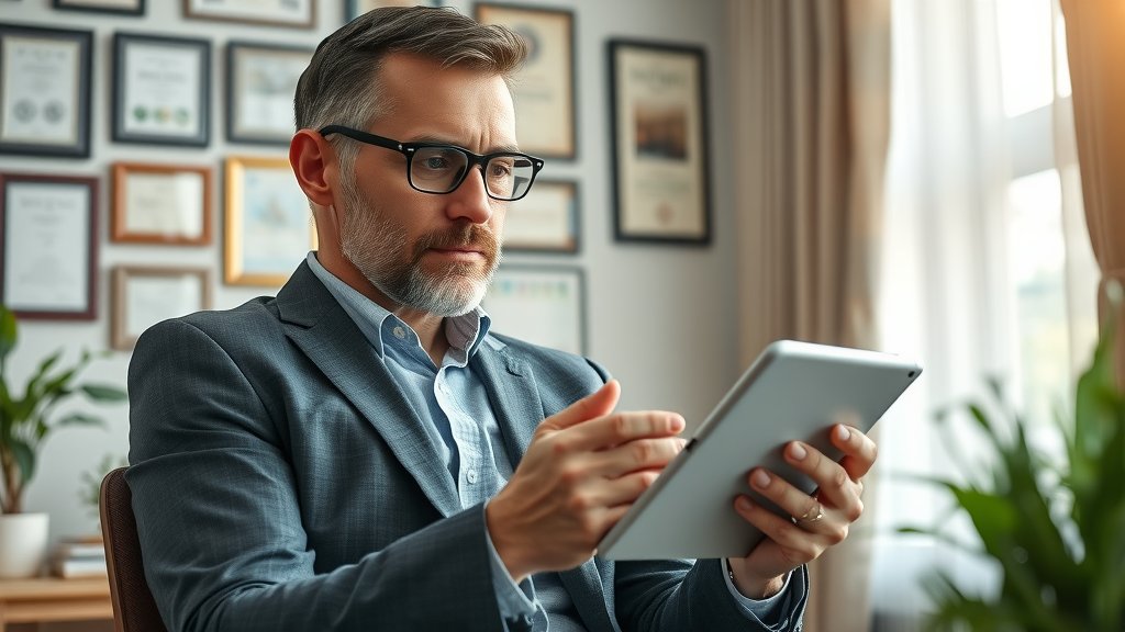 successful business owner reviewing insurance company reviews and ratings on a tablet, best business owner insurance