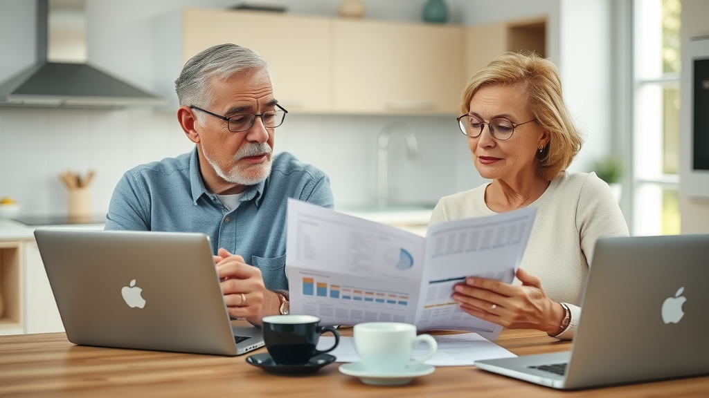 Insightful older couple reviewing retirement documents, charts, and laptops; hidden retirement strategies for nest egg optimization in a modern kitchen.