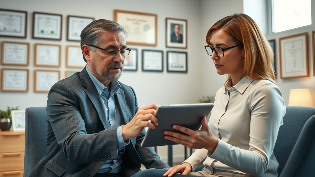 Experienced advisor guiding client through insurance options on a tablet in a bright advisory office | choosing the best indexed universal life policy