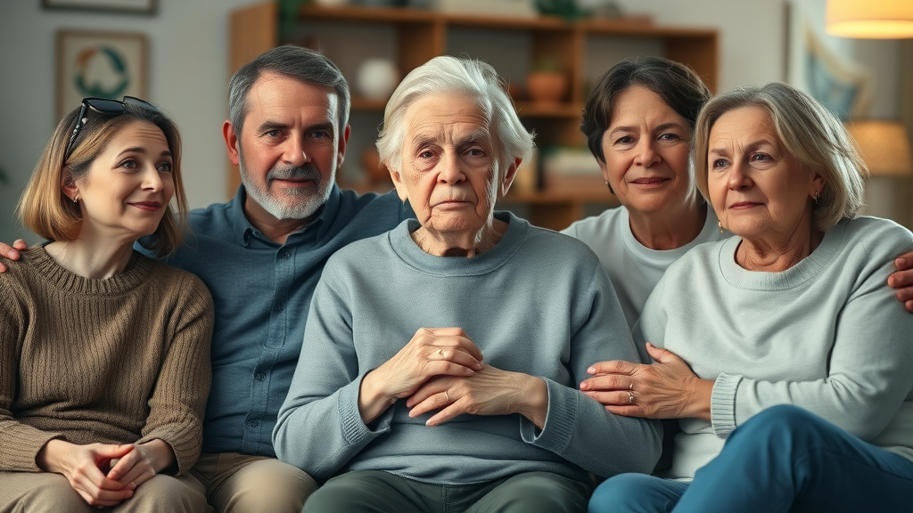 End-of-life expenses: Supportive family comforting elderly loved one, gentle home setting