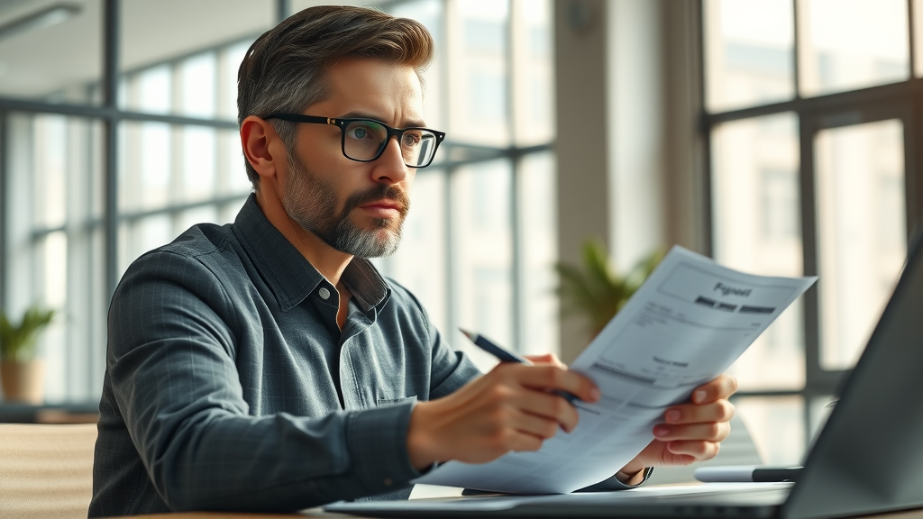 entrepreneur reviewing retirement income strategies in a modern office with sunlight; financial documents highlighted, planning for retirement income for entrepreneurs