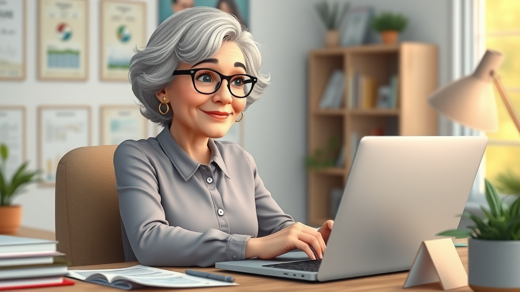 senior woman cheerfully comparing life insurance options for elderly using her laptop in a home office