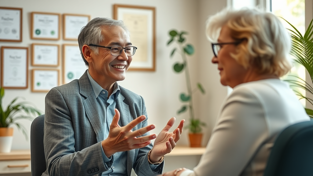 helpful professional advisor answering burial insurance questions for a senior woman in a calm office