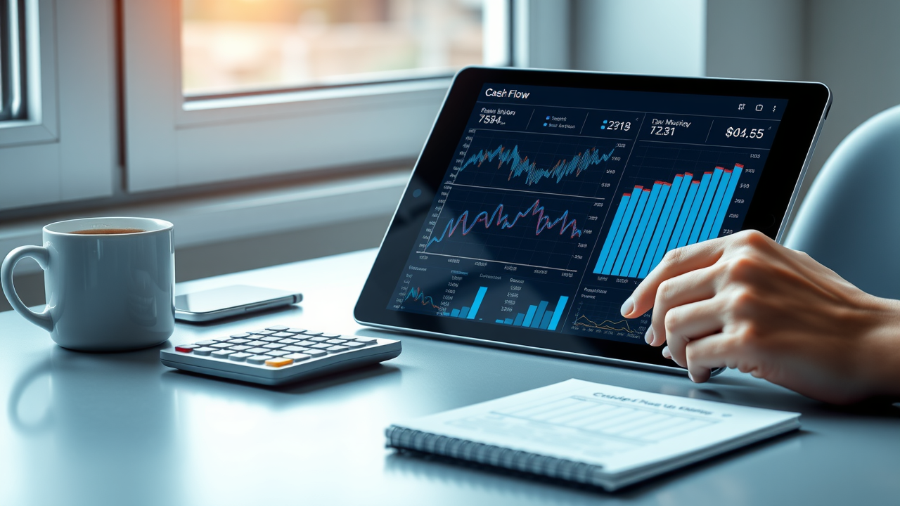 Modern cash flow dashboard on tablet, cash flow projection, business finances, financial graphs, macro lens, natural window light
