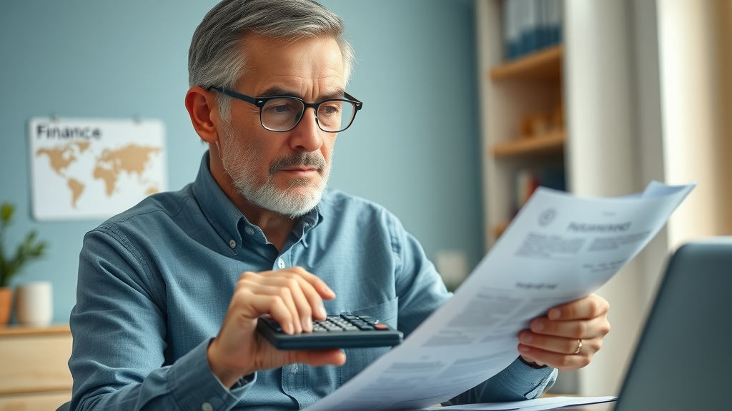Mature adult calculating final expense insurance death benefit in home office