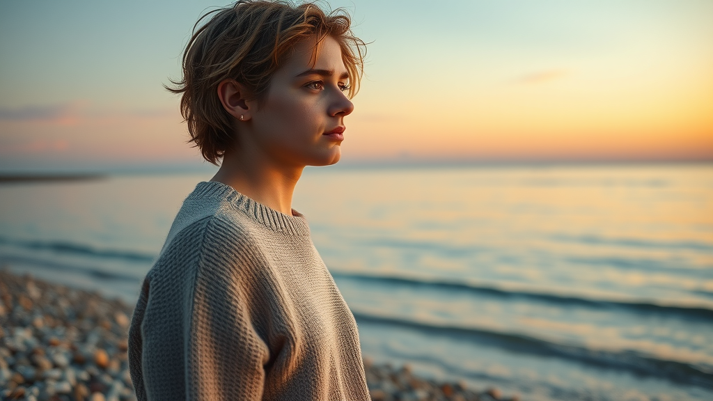 an unexpected goodbye, with melancholic person standing by the shoreline, gazing into the horizon