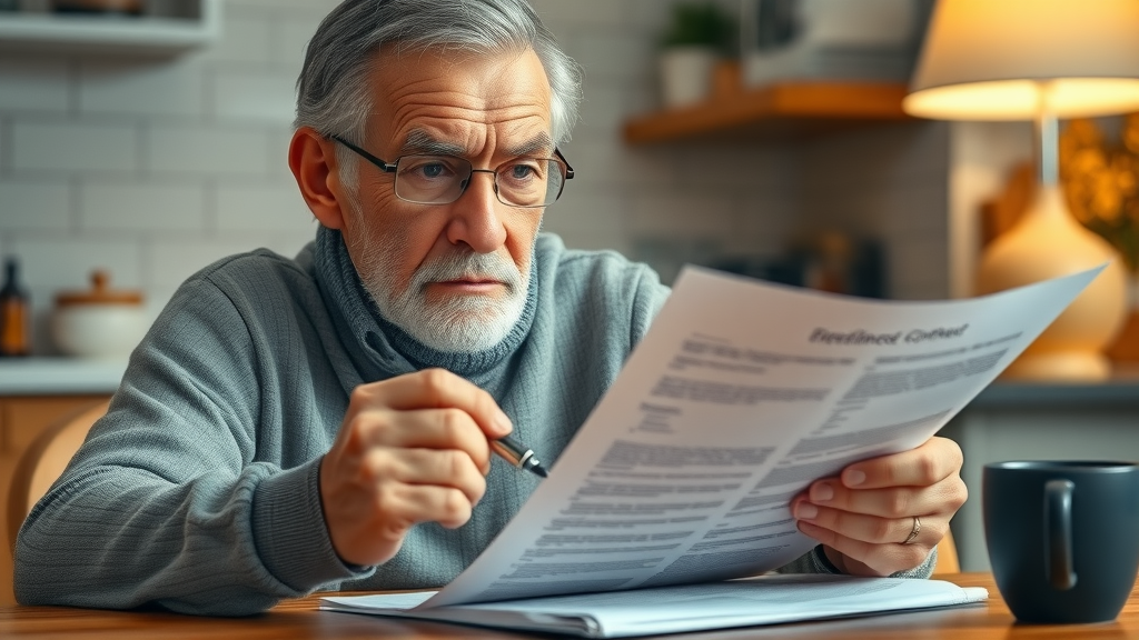 concerned senior reviewing prepaid funeral plan contract for risks and flexibility
