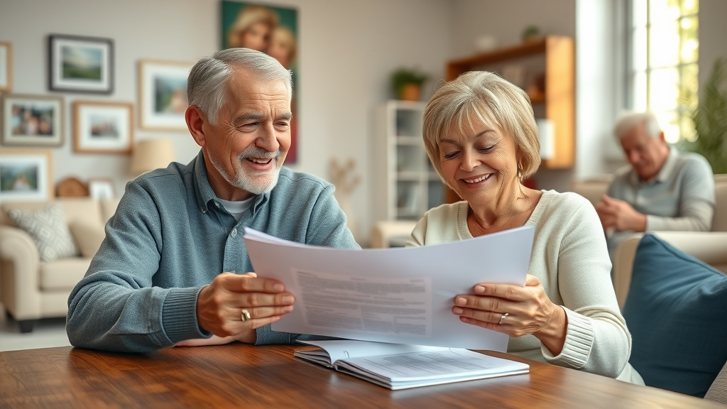 senior couple reviewing final expense coverage documents together in a cozy living room, natural light and warm atmosphere