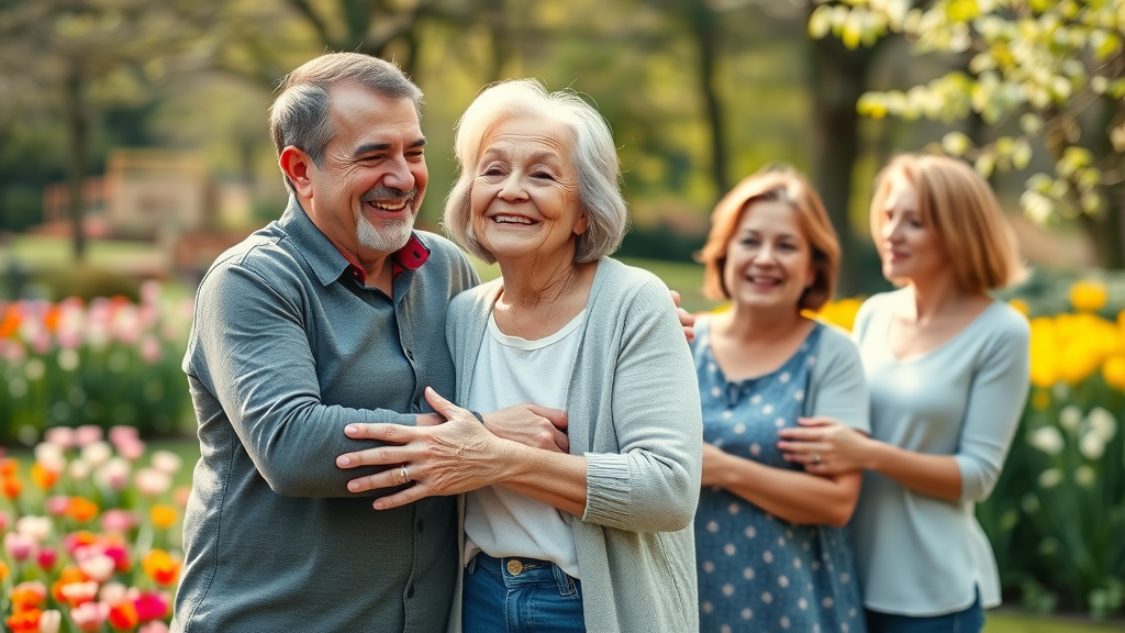 Joyful senior woman hugging adult children and grandchildren, illustrating family protection with life insurance for seniors