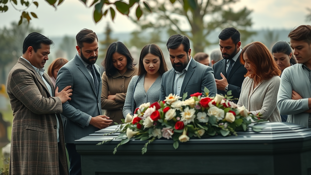 Diverse family attending funeral, discussing final expense insurance to cover costs