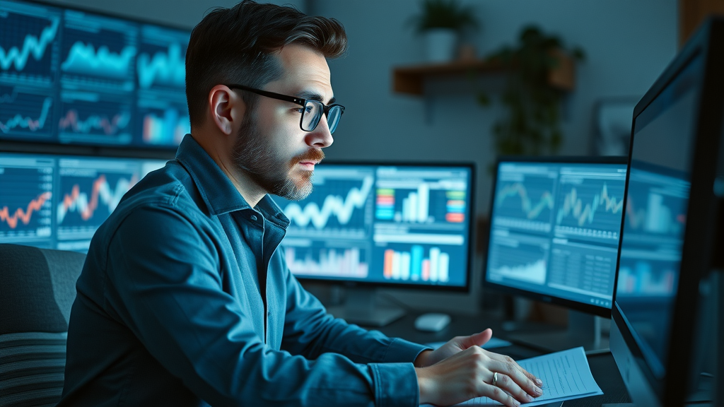 Small business owner using accounting software, reviewing charts on screen, tracking business finances, home office, digital charts, accounting