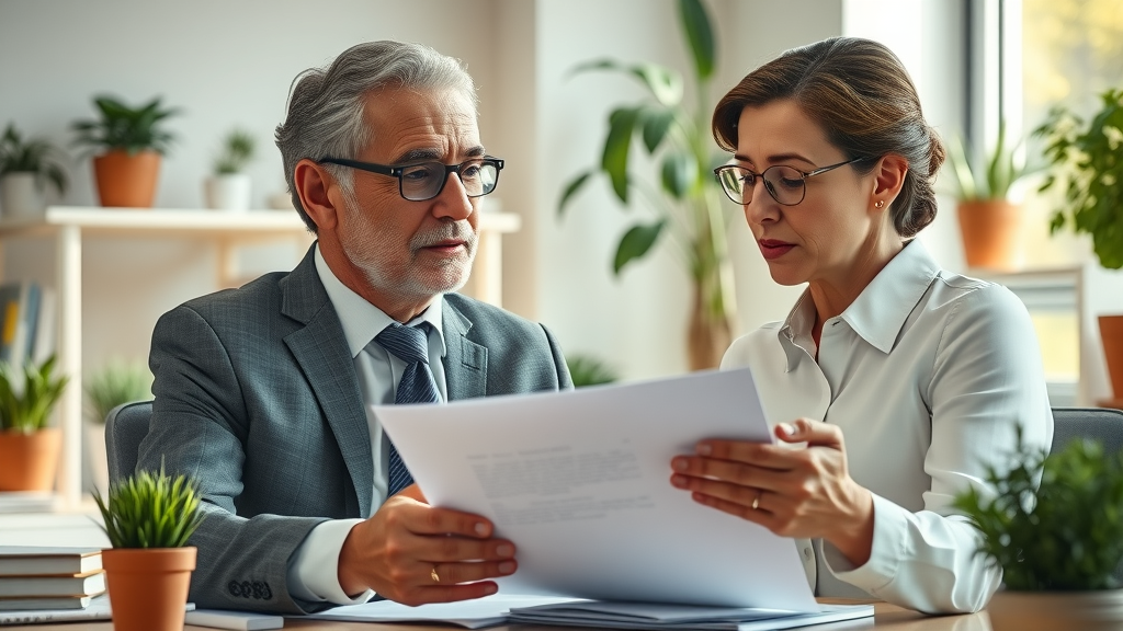 Careful financial advisor and mature small business owner, thoughtful and professional, discussing insurance documents, life insurance and health insurance