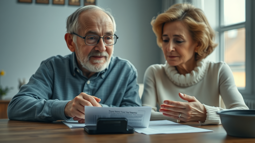 elderly couple discussing funeral costs and final expense coverage with documents and calculator