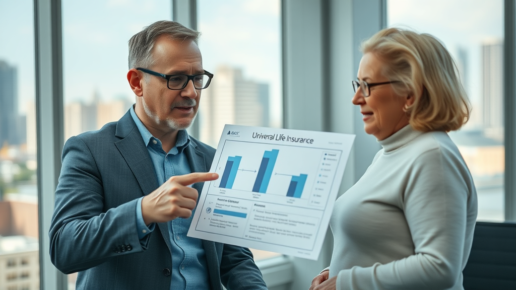 Insurance advisor explains universal life insurance benefits for seniors with easy-to-understand diagram