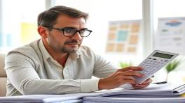 focused expense coverage, confident expression, calculating costs, photorealistic, workspace filled with insurance brochures, highly detailed, calculator in hand, full spectrum color, natural sunlight, shot with an 85mm lens.