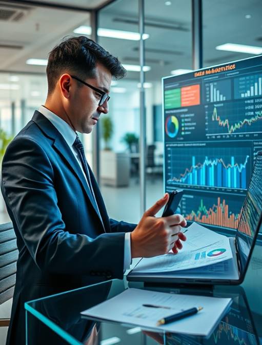 innovative expense planning, creative expression, designing strategies, photorealistic, modern office with glass walls, highly detailed, digital financial graphs, intense colors, high contrast lighting, shot with a 35mm prime lens.