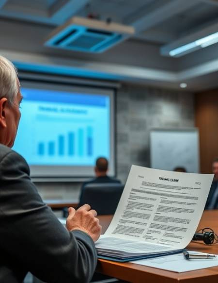 comprehensive legal documents on funeral costs, thoughtful expression, assessing financial plans, photorealistic, conference room with a projection screen, highly detailed, quiet hum of an air conditioner, cool blue, fluorescent office lighting, shot with a wide-angle lens.