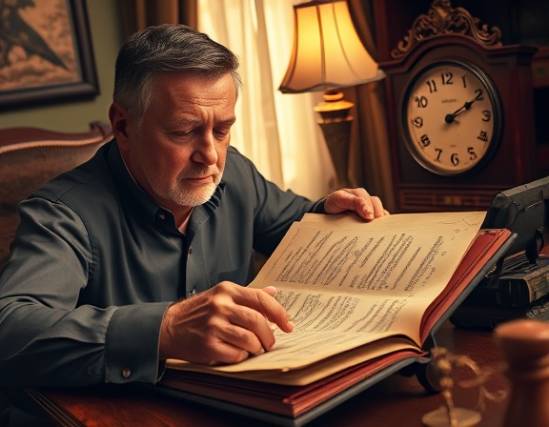old legal documents, contemplative expression, analyzing estate planning details, photorealistic, antique wooden desk with a classic table lamp, highly detailed, the ticking of a nearby clock, sepia tones, warm ambient glow, shot with an 85mm lens.