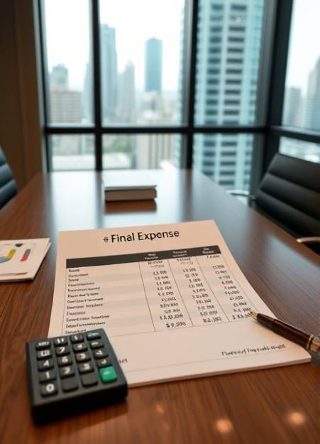 final expense breakdown, financial clarity, meticulously organized table display, photorealistic, corporate meeting room with cityscape view, highly detailed, calculator and pen on the side, matte finish, soft office glow, shot with a 24mm lens.