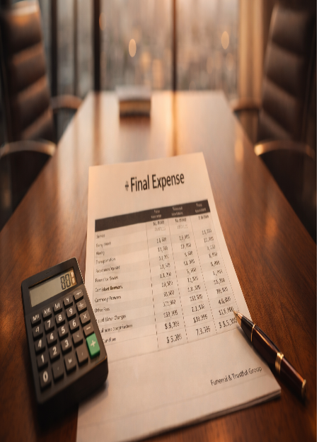 final expense breakdown, financial clarity, meticulously organized table display, photorealistic, corporate meeting room with cityscape view, highly detailed, calculator and pen on the side, matte finish, soft office glow, shot with a 24mm lens.