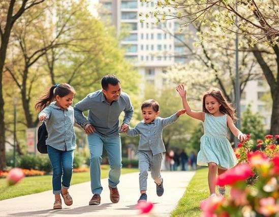 life coverage illustration, emotional security, showing a happy family, photorealistic, urban park with blooming flowers, highly detailed, children playing, depth of field effect, vibrant colors, natural sunlight, shot with a 35mm lens.