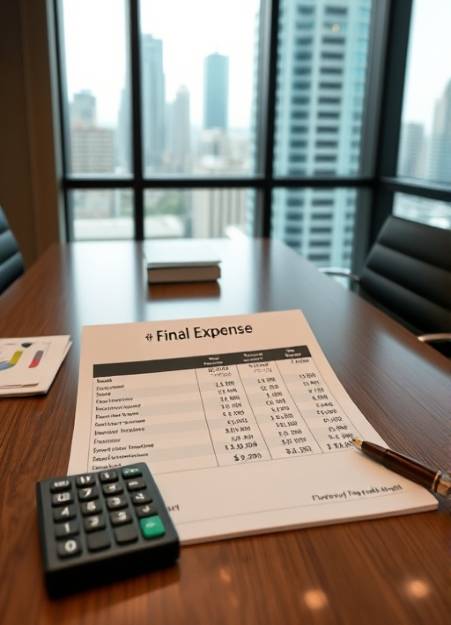 final expense breakdown, financial clarity, meticulously organized table display, photorealistic, corporate meeting room with cityscape view, highly detailed, calculator and pen on the side, matte finish, soft office glow, shot with a 24mm lens.