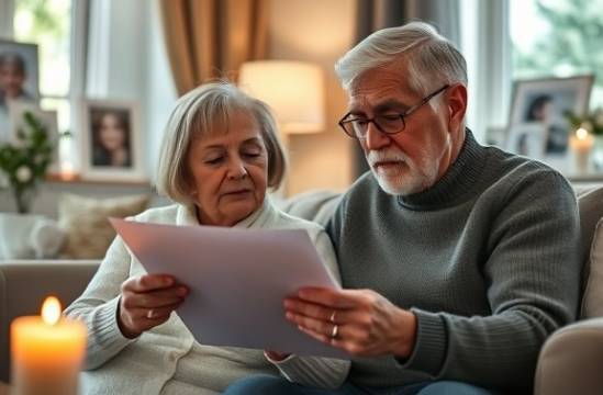 burial insurance coverage, peace of mind, helping elderly couple review the documents, photorealistic, cozy living room with family photos, highly detailed, gentle flicker of candlelight, neutral colors, soft natural lighting from window, shot with a 50mm lens.