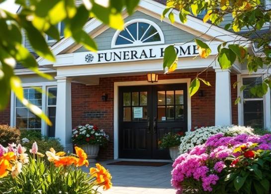 supportive assistance in Massachusetts, empathetic expression, offering guidance, photorealistic, a welcoming funeral home entrance surrounded by flowers, highly detailed, leaves rustling in the wind, using a macro lens, natural colors, morning light, shot with a Sigma 105mm f/2.8 lens.