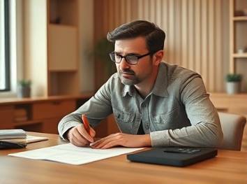 detail-oriented consultant fee analyst, thoughtful, calculating costs, photorealistic, minimalist office with wooden decor, highly detailed, calculator and notes on table, Fujifilm XF 56mm f/1.2 R lens, diffused lighting, earthy tones
