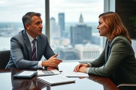focused consultation massachusetts professional, attentive, providing advice, photorealistic, elegant office with city view, highly detailed, documents and laptop on desk, Nikon NIKKOR Z 85mm f/1.8 S lens, soft artificial light, cool tones