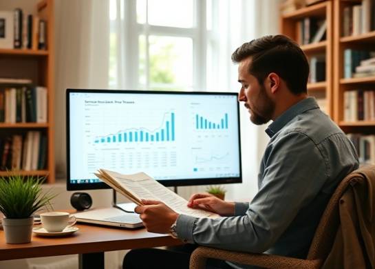 organized expense life planner, calm, reviewing documents, photorealistic, cozy home office with bookshelves, highly detailed, financial charts on screen, Sony FE 24-70mm f/2.8 GM lens, ambient light, neutral tones
