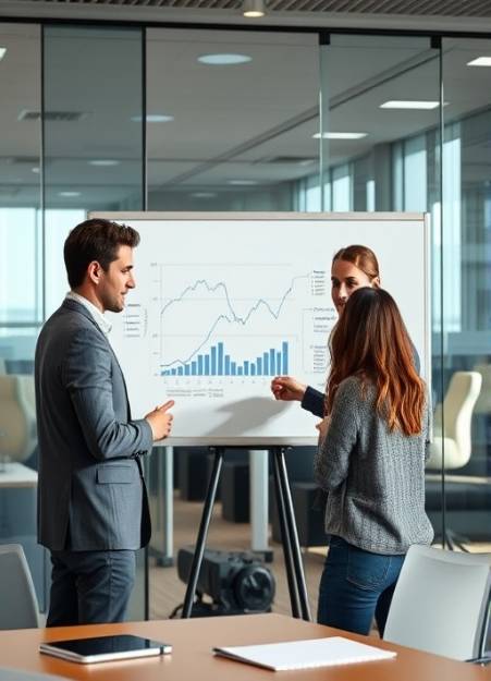 comprehensive planning finance, strategic, coordinating a team, photorealistic, conference room with glass walls, highly detailed, figures on a whiteboard, engaging expressions, natural daylight, shot with a 24-70mm lens.