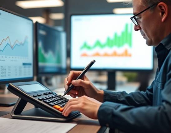meticulous expense planning, focused, calculating costs, photorealistic, modern office environment with calculators and graphs on screens, highly detailed, hand holding a pen, subtle reflections, bright LED lighting, shot with an 85mm lens.