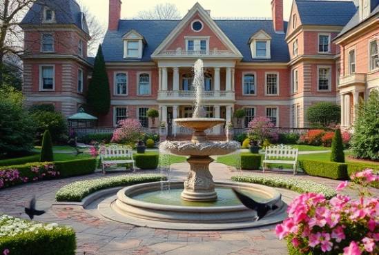 Victorian-style Massachusetts estate, determined expression, planning renovations, photorealistic, blooming gardens with an ornate fountain in the center, highly detailed, birds flying across the frame, 35mm, pastel colors, early morning light, shot with a wide-angle lens